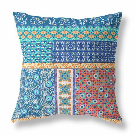 PALACEDESIGNS 16 in. Blue & Orange Patch Indoor & Outdoor Zippered Throw Pillow PA3098482